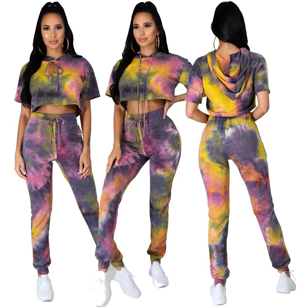 

Tie-Dye Printting Short-Sleeved Hooded T-Shirt Drawstring Trousers Women Suit 2020 Autumn European & American Casual 2 Set