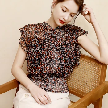 

Women Floral Small Shirt Women's Waist Hugging Belly Chiffon Shirt Women's 2020 New Non-Mainstream Wooden Ear Shirt