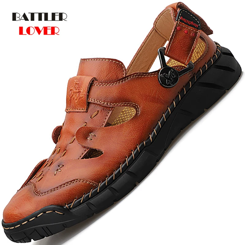 Summer Leather Sandals Men Outdoor Beach Sandals Flat Comfortable Fashion Mens Breathable Water Trekking Shoes Large Sizes 38-50