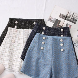 Nova cintura alta tweed shorts feminino casual solto senhoras moda primavera outono fino botão shorts all match
