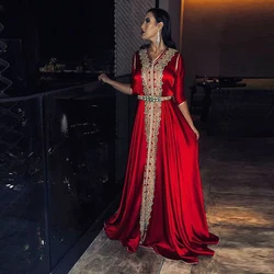 Lorie Red Muslim Evening Dress Satin Moroccan Kaftan Gold Lace Half Sleeve Saudi Arabic Special Occasion Party Dress Custom Made