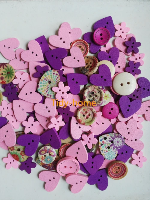

Pink and Purple series Assorted Wood Buttons Round Heart Flower Shape Pack of 40g For Crafting