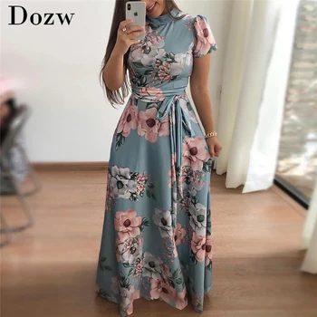 

Women Long Maxi Dress 2019 Boho Floral Print Summer Dress Casual Short Sleeve Turtleneck Bandage Bodycon Party Dress Vestidos