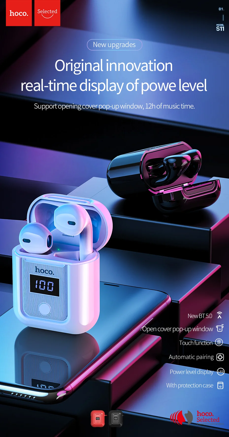 HOCO, беспроводные наушники Bluetooth 5,0, гарнитура для близнецов, светодиодный дисплей, зарядная коробка, громкая связь, стерео музыка+ чехол для iPhone 11 Pro