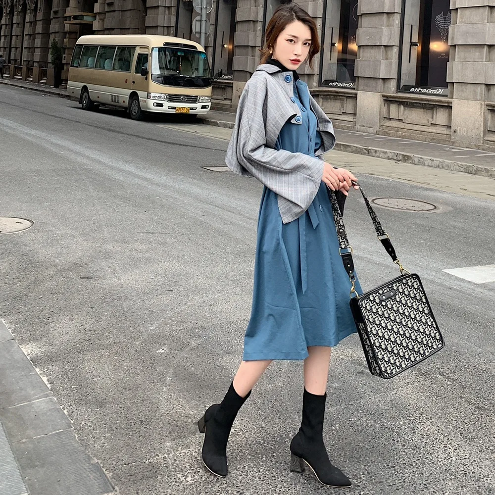 

Photo Shoot Design-Plaid Stitching Coat Women's 2019 Autumn New Style Retro CHIC-Style Waist Hugging Semi-a Convertible Trench C