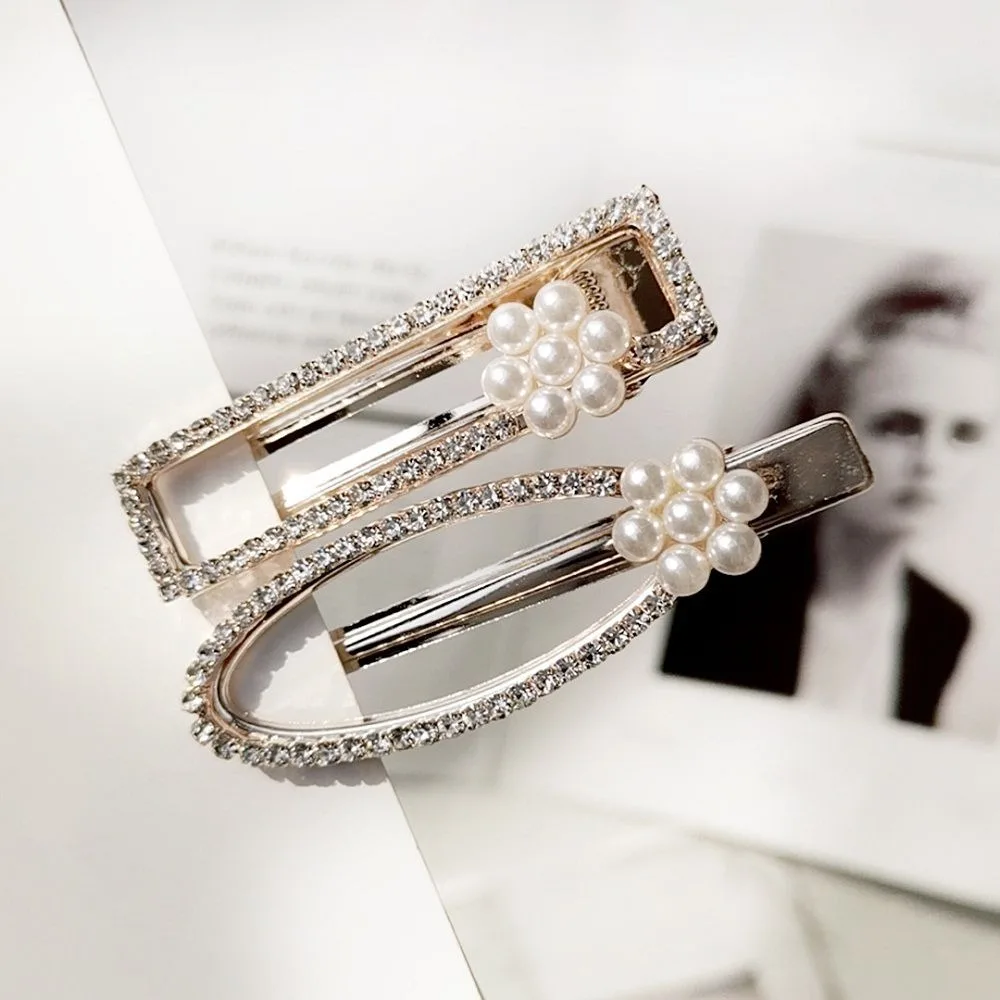 Ladies Imitation Pearl Flower Hair Clips Glitter Rhinestone Alligator Hairpins Hollow Vintage Bowknot Rabbit Ear Shape 2