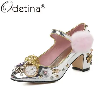 

Odetina Women New Fretwork Crystal Patent Leather Mary Janes Shoes Female Block Mid Heel Buckle Strap Rivet Flora Party Shoes
