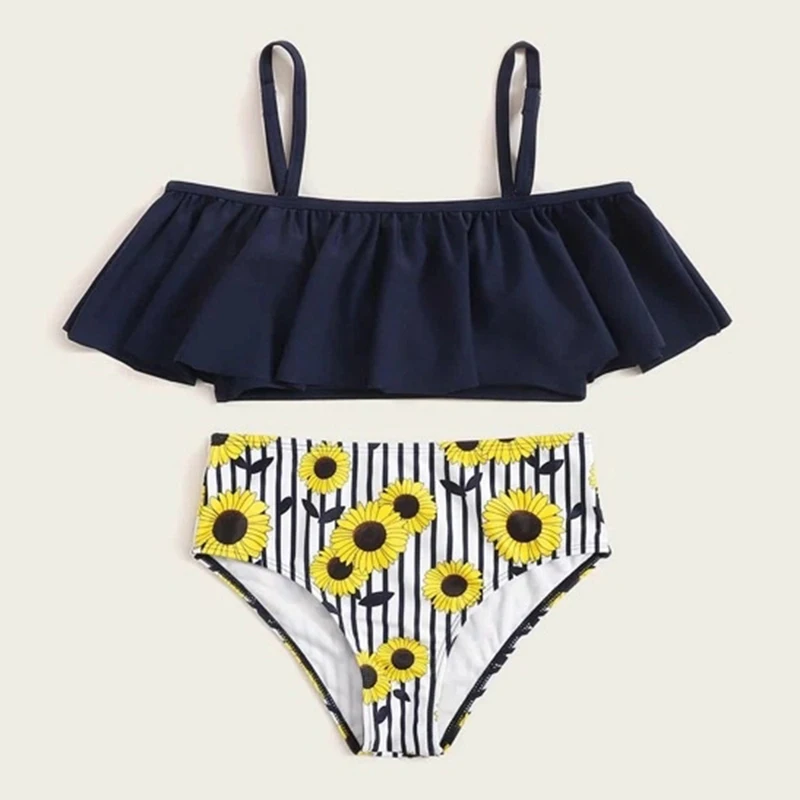 

Lovely Two Pieces Swimsuit Baby Girls Ruffle Floral Bikinis Set Kids Child Flamingo Swimwear High Waist Bathing Suits Beachwears