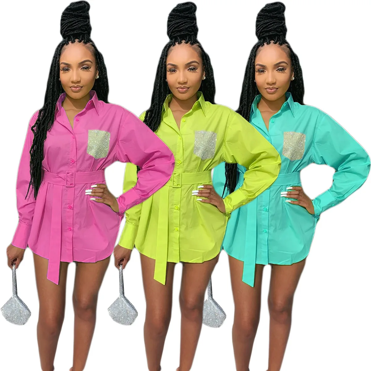 

2020 Summer Women Shirt European and American Hot Style Model Solid-color Long Sleeves Button with Sashes and Pocket