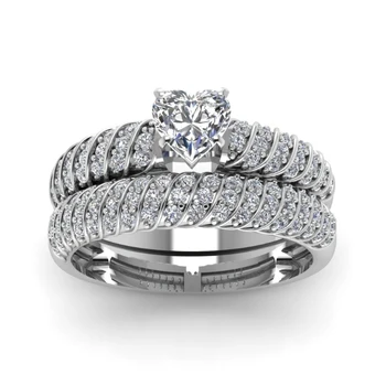 

Exquisite 2pcs set Zinc Alloy Heart Ring White Crystal Ring Anniversary Gift Engagement Bridal Wedding Ring Set