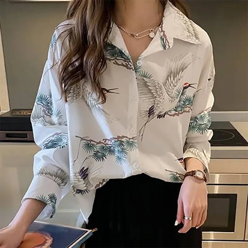 

Spring Autumn Women Blouse Sexy Crane Print Single Breasted Shirts Turn-down Collar Long Sleeve Loose Blouses