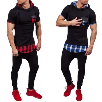 

2020 New Fashion Men Hoodies Hip Hop Mens Patchwork Collar Pullover Short Sleeve Hoodie Sweatshirt Slim Fit Men