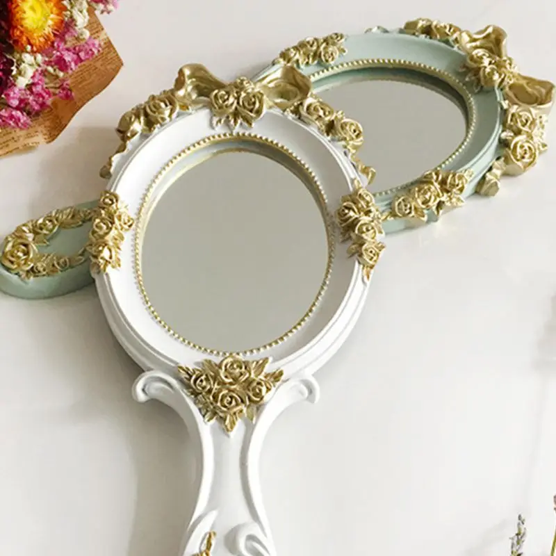 Европейский Дворцовый стиль, винтажное ручное зеркало с розами, принцесса, для женщин, девушек, Овальный туалетный Макияж, косметический инструмент с нескользящей ручкой