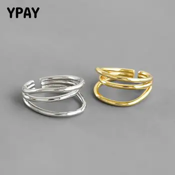 

YPAY 100% Genuine 925 Sterling Silver Open Rings for Women Korea INS Three-Layer Lines Adjustable Finger Ring Jewelry YMR1025