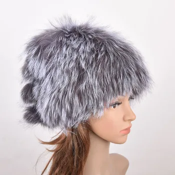 

High quality women winter hats genuine fox fur hats knitted silver fox fur caps female caps skullies beanies