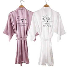 Nome feito sob encomenda rápido da data do casamento robe escrita personalizada quimono malva cetim curto do chuveiro de noiva presente das mulheres obtendo pronto robe