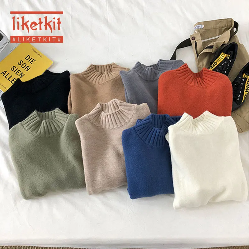 Liketkit мужской Корейский Однотонный свитер с круглым вырезом мужской Весенний вязаный толстый теплый свитер для пар Модный Цветной пуловер Топы
