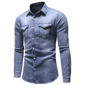 

NEGIZBER 2019 New Autumn Jeans Shirt Men Solid Striped Slim Fit Mens Dress Shirt Long Sleeve Fashion Top Quality Denim Shirt Men