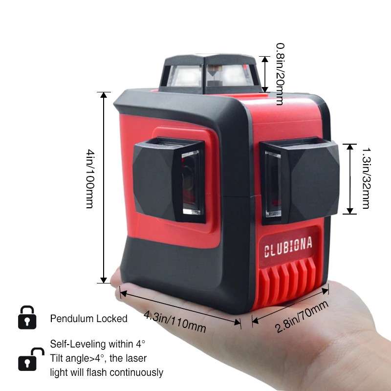 CLUBIONA 3D 360 Вращающийся 12 перекрестных лазерных линий с функцией наклона