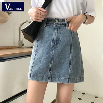 

Vangull Women Summer New Vintage Make old Denim skirt High waist A-line Buttons Slim Solid skirt Simple Chic Western style skirt