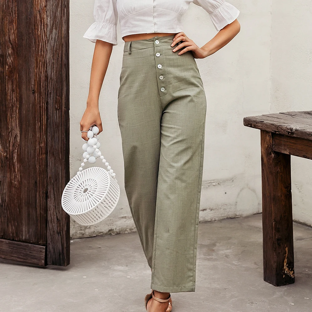 Conmoto high waist casual pants women summer spring solid green trousers high waist green ruffles vintage pants