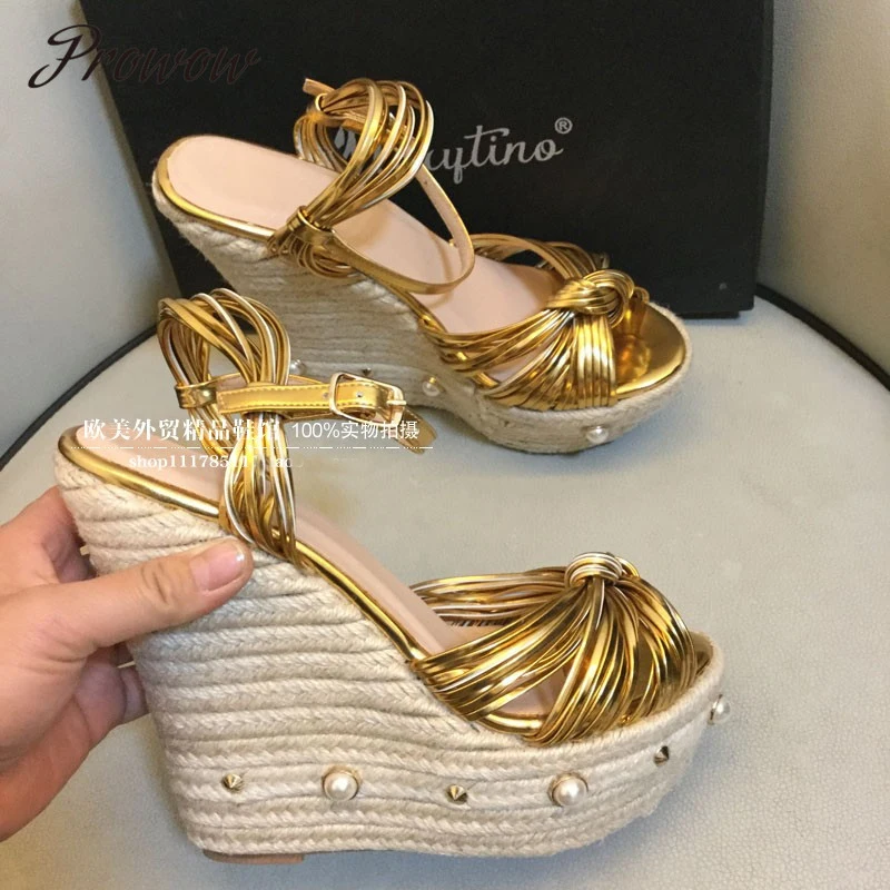 

Prowow New Genuine Leather Cross Bowtie Spring Summer Sandals Open Toe Buckle Strap HIgh Heel Wedges Shoes Women