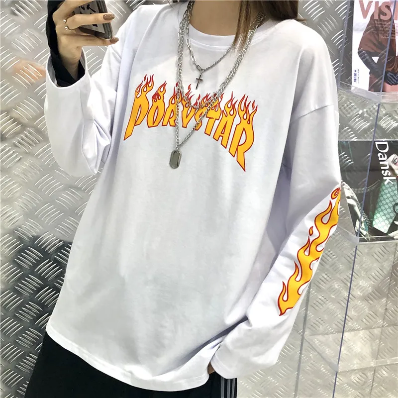 Harajuku bf Осенняя рубашка с круглым вырезом и надписью в уличном стиле, с длинным рукавом, женская Свободная рубашка ins, женская одежда, футболки, модные женские топы