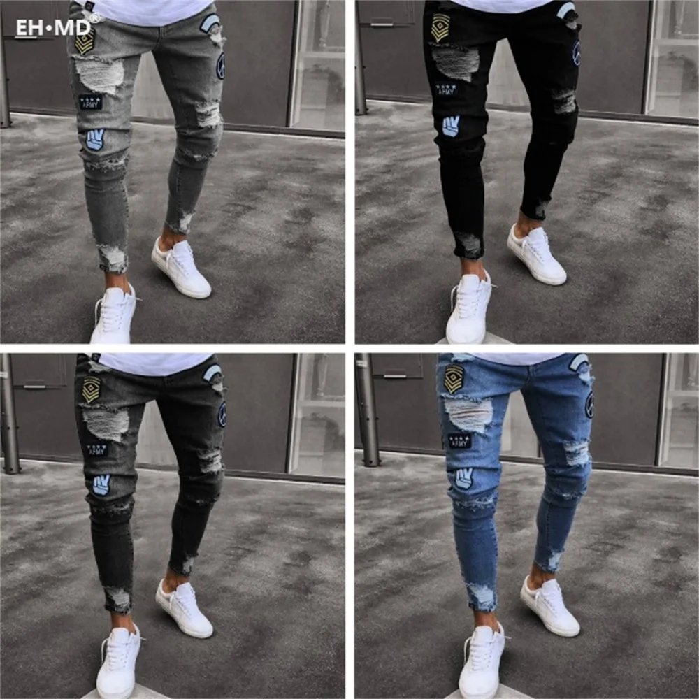 EH·MD® Embroidered Micro-Chapter Jeans Men's Cotton Tight-Fitting Breathable Holes Scratched Slim Fit Ankle-length Pants Wearing