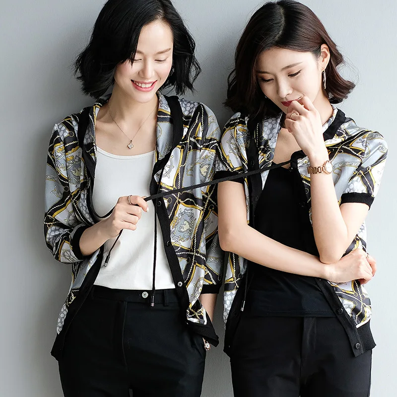 

Spring New Style 2019 Korean-style Printed Short Cardigan Imitated Silk Fabric Hooded Women's Casual Jacket Coat Fashion