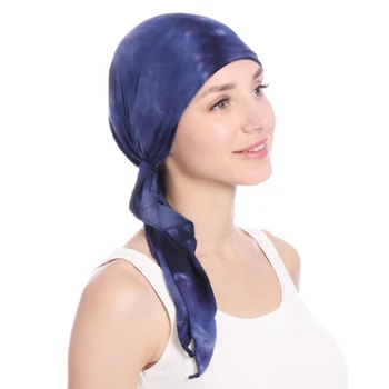 

2019 Print Women India Hat Muslim Ruffle Cancer Chemo Beanie Scarf Turban Two Tail Wrap Cap daily wear 5 Colors H