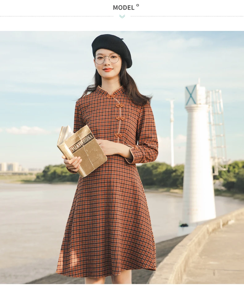 INMAN 2020 Autumn Winter New Arrival Plaid Dress Retro Cotton Buckle Collar Three-quarter Sleeve Dress