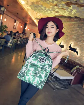 

Nylon Waterproof Backpack Leaf Print Geometric Pattern Package Female Small Fresh Middle School Student Bag Computer Backpack