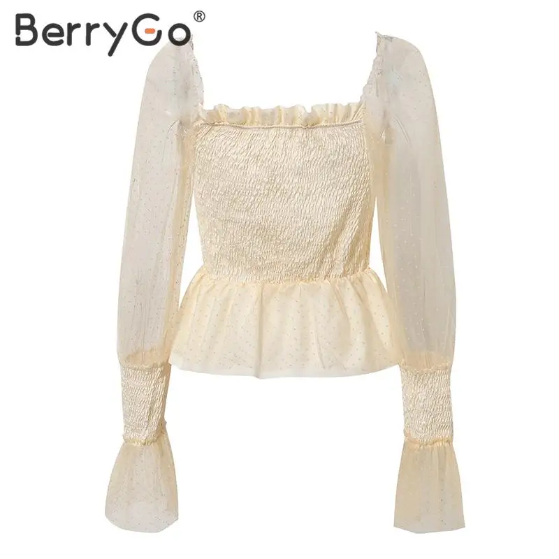 BerryGo Сетчатое платье-фонарь, рукав, узор в горошек, блузка для женщин, шифон, пэчворк, женские топы, открытая спина, высокая талия, плиссированные Женские топы, рубашки