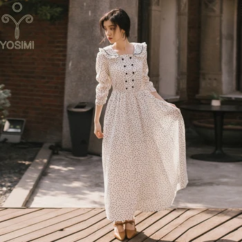 

YOSIMI White Dot Long Dress Women 2020 Spring Summer Mid-Calf Fit and Flare Peter Pan Collar White Sweet Girl Long Sleeve Dress