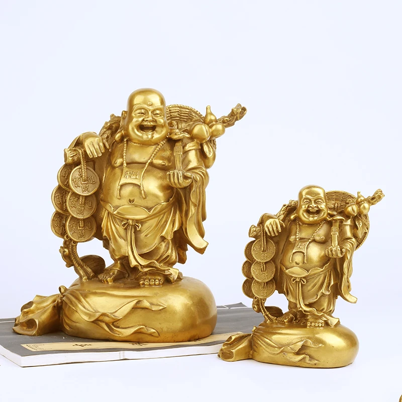 Chinese Buddhism Copper Carving Wealth Happy Laugh Maitreya Buddha Statue Home Decoration Lucky