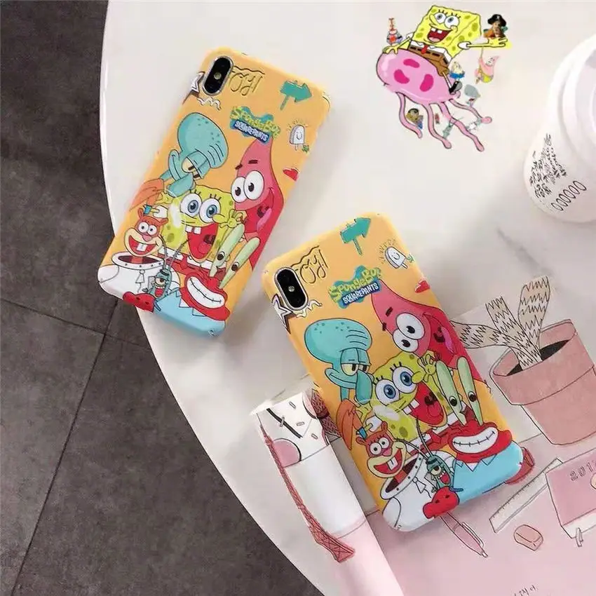 Тонкий жесткий чехол для телефона iPhone XR XS MAX 6s 7 8 Plus милый счастливый SpongeBob квадрат
