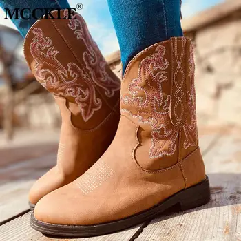 

MCCKLE Women Ankle Boots PU Embroidery Slip-On Winter Women's Short Boots Low Heel Retro Ladies Shoes Female Plus SizeNew