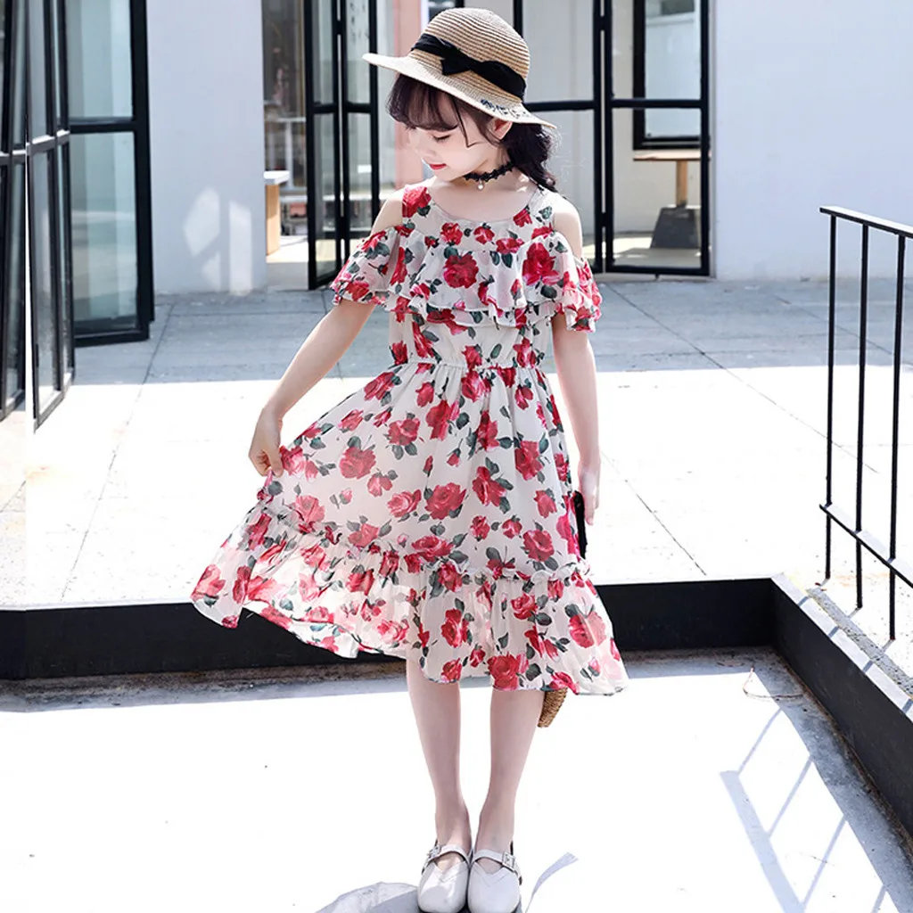 Одежда для маленьких девочек; платье для девочек с цветочным принтом; детское платье с короткими рукавами и оборками на плечах; платье с цветочным принтом; Повседневная Верхняя одежда