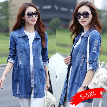 

Basic Long Jeans Coats Women Slim Ripped Denim Jacket Femme Elegant Vintage Frayed Jackets Outwear Casacos Feminino
