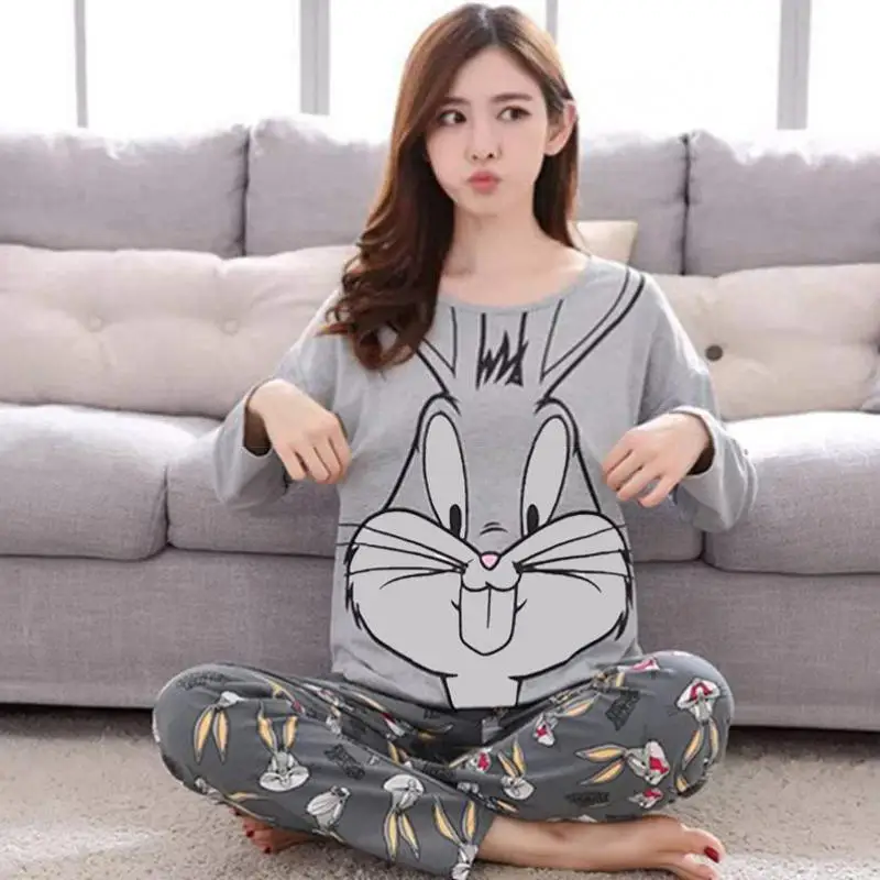 

Autumn winter Ms lovely big gray rabbit 2 piece set Korean round neck long sleeve pajamas women cloting home service pullover