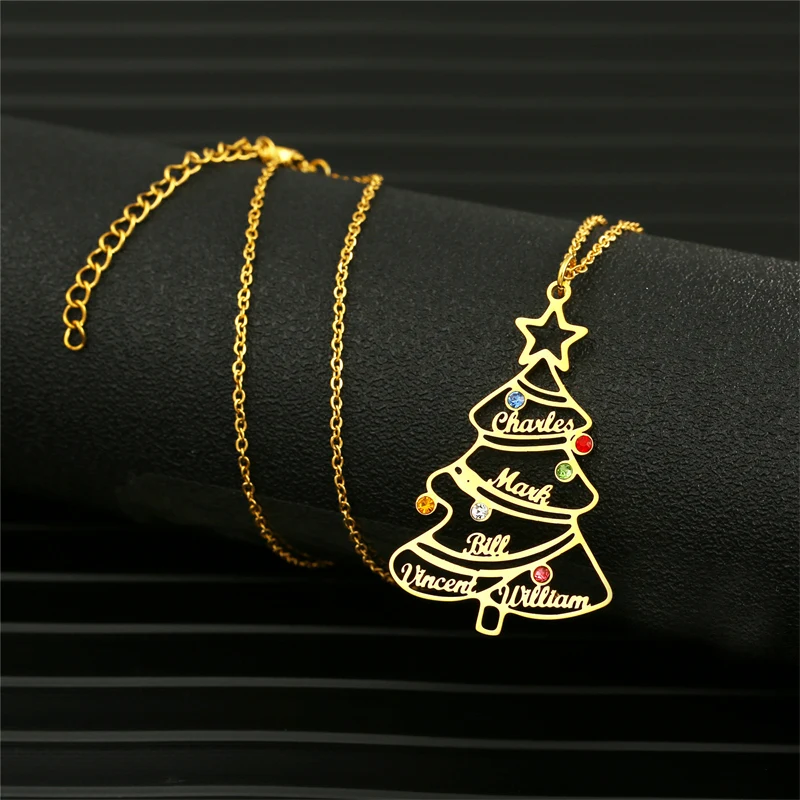 

Customized Christmas Tree Necklace For Women Stainless Steel Jewelry Pendants And Necklaces With 1-5 Name And Birthstone Choker
