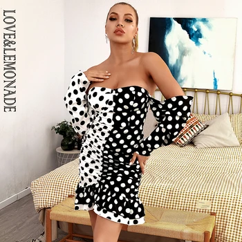 

LOVE&LEMONADE Tube Top Black And White Polka Dot Stitching Flared Long Sleeves Ruffled Party Mini Dress LM82751