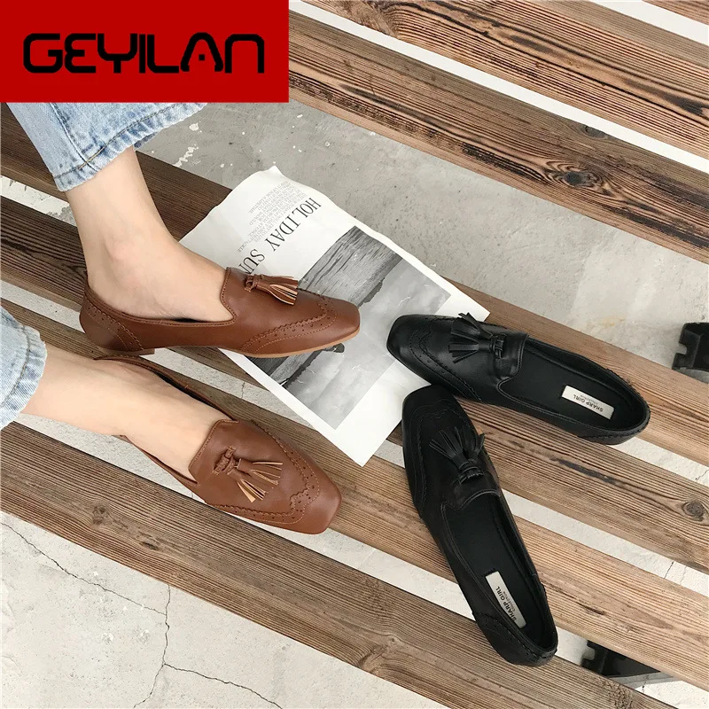 

2020 Women Flats Solid Color Tassels Square Head Soft Leather Lady Flat Heel Shoes Casual Oxford Loafers Slip on Moccasins 35-39