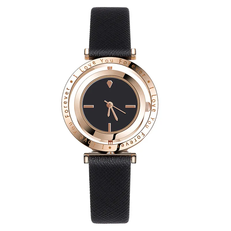 WJ-8912, роскошные часы из розового золота, женские часы с вращающимся циферблатом, простые маленькие кожаные женские часы, подарок для любви, часы для женщин - Цвет: Черный