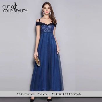 

2020 New High-end Elegant Evening Dress V-neck Sexy Embroidered Lace Mesh Navy Blue Shoulder Strap High Waist Floor-length Dress