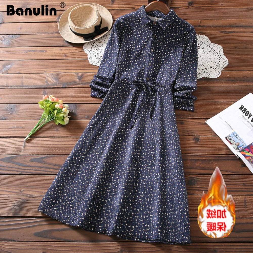 

Banulin Mori Girl Plus Velvet Dress for Women Autumn Winter Thicker Warm Vestidos Longo Long Sleeve Vintage Print Midi Dress