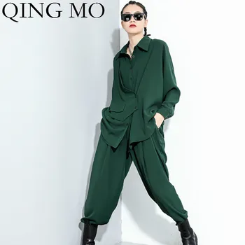 

QING MO Black Green Women Fashionable Set 2020 Autumn Women Personalized Cardigan Blouse + High Waist Wide Leg Pants ZQY5138