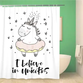 

Bathroom Shower Curtain Cute Believe in Unicorn and Donut Birthday Fantasy Animal 66x72 inches Waterproof Bath Curtain Set with