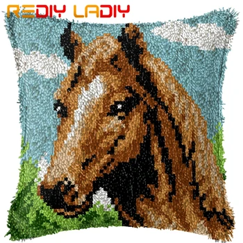 

Latch Hook Cushion Animal Horse Pillow Case Printed Color Canvas Acrylic Yarn Latched Hook Pillow Crochet Cushion Cover Kits