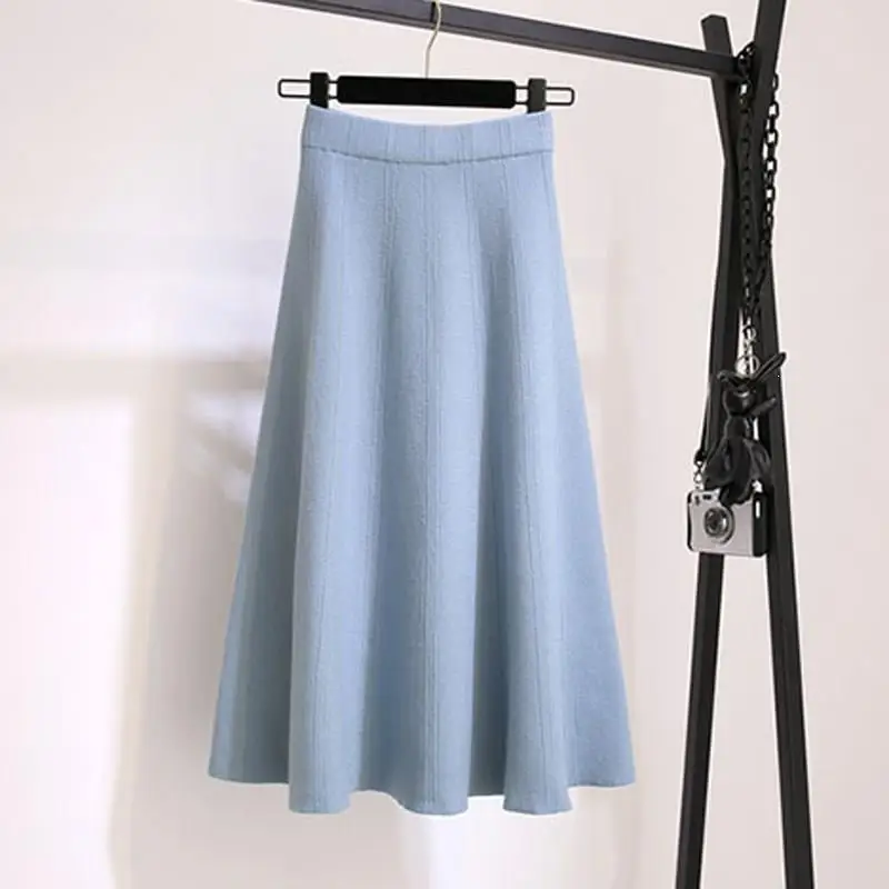 Винтажный зимний женский толстый свитер, юбки, эластичная талия, плиссированная трикотажная юбка миди, имперская трапециевидная Женская однотонная элегантная юбка - Color: Blue